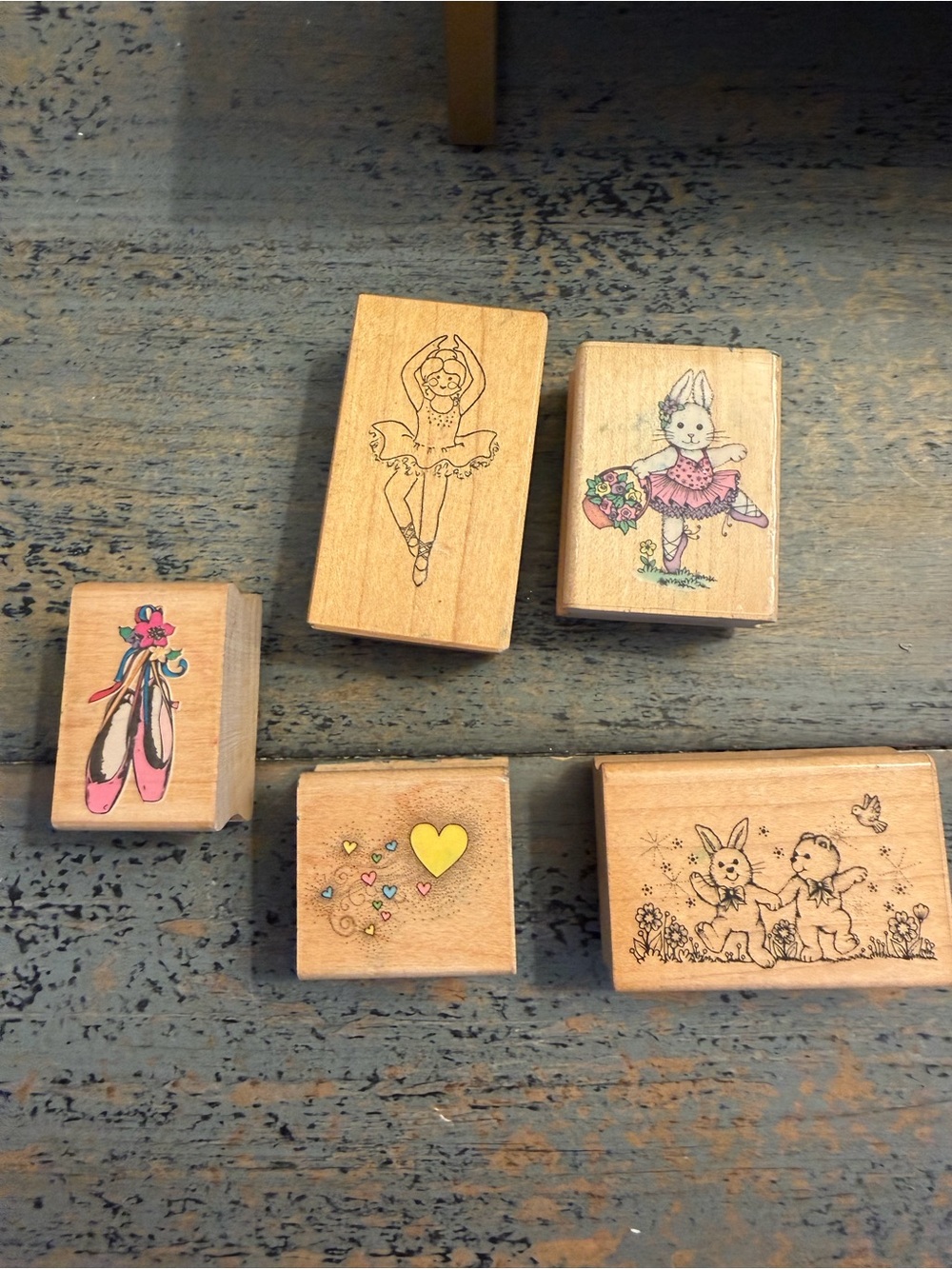 Vintage Rubber Stamps wood Mount Set of 5